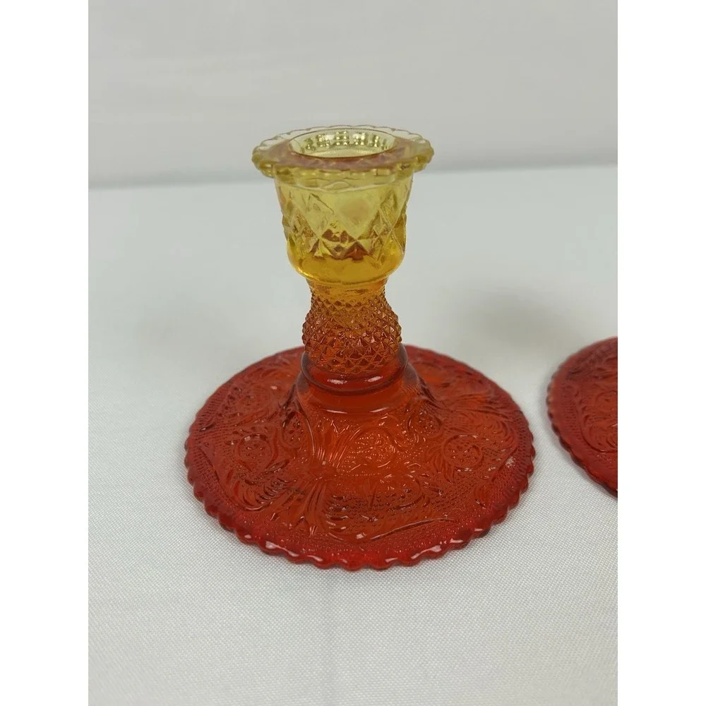 Vintage Candlesticks Glass Muti-color Red Yellow Orange 3 3/4 Tall